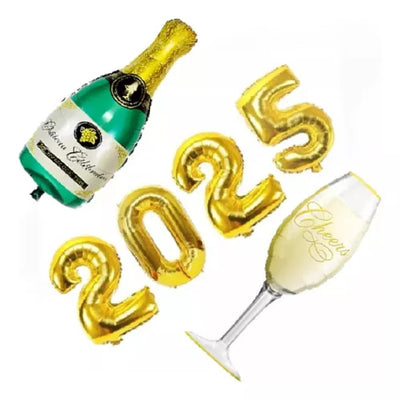 Kit Balão Numero Metalizado Ano Novo 2025 + Taça + Champagne Garrafa