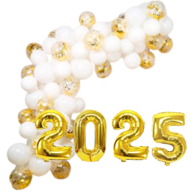 Kit Balão Ano Novo + Numero Metalizado + Branco + Dourado 2025 Decoração Festa