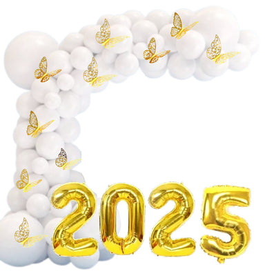 Kit 50 Balão Bexiga Branco + Borboleta Metalizada + Numero 2025 18 Pol Decoração Ano Novo Reveillon