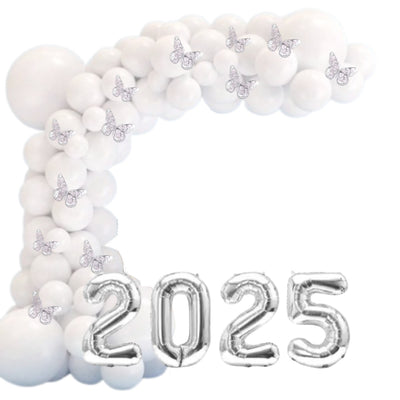 Kit 50 Balão Bexiga Branco + Borboleta Metalizada + Numero 2025 18 Pol Decoração Ano Novo Reveillon