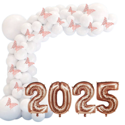 Kit 50 Balão Bexiga Branco + Borboleta Metalizada + Numero 2025 18 Pol Decoração Ano Novo Reveillon