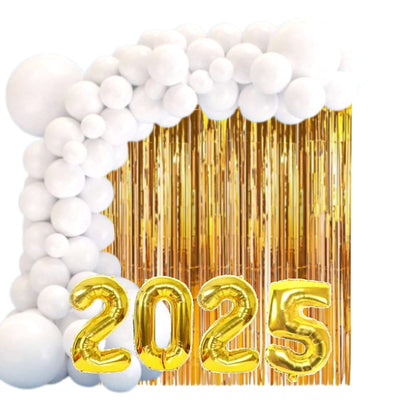 Kit Arco de Balão Bexiga Branco Ano Novo + Balão Numero Metalizado 2025 Decoração Festa