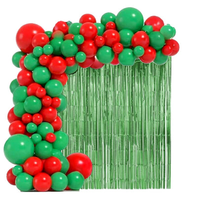 Kit Arco de Balão Natal Vermelho Verde + 1 Cortina Fita Metalizada Decoração Festa