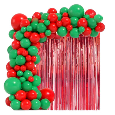Kit Arco de Balão Natal Vermelho Verde + 1 Cortina Fita Metalizada Decoração Festa