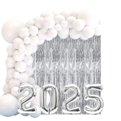 Kit Arco de Balão Bexiga Branco Ano Novo + Balão Numero Metalizado 2025 Decoração Festa