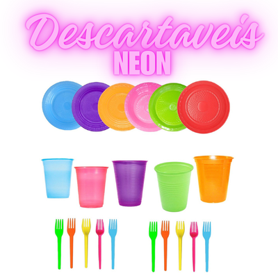 150 Itens Neon - Pratinho + Copo + Garfinho Descartável Brilha Luz Negra