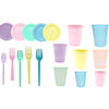 Kit 150 Itens Festa 50 Garfinho + 50 Pratinho + 50 Copo Descartaveis Candy Color