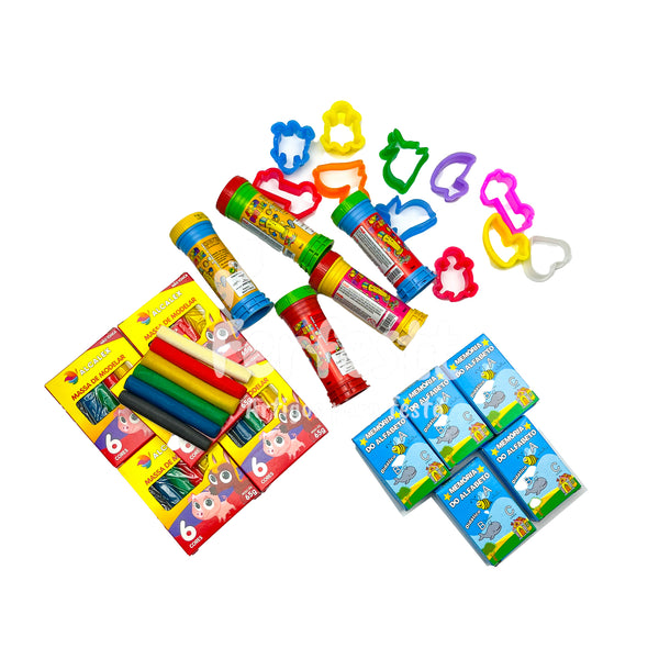 5 Cx Massinha de Modelar + 5 Bolha Sabão + 10 Corta Molde + 5 Jogo Memoria Kit Festa Infantil