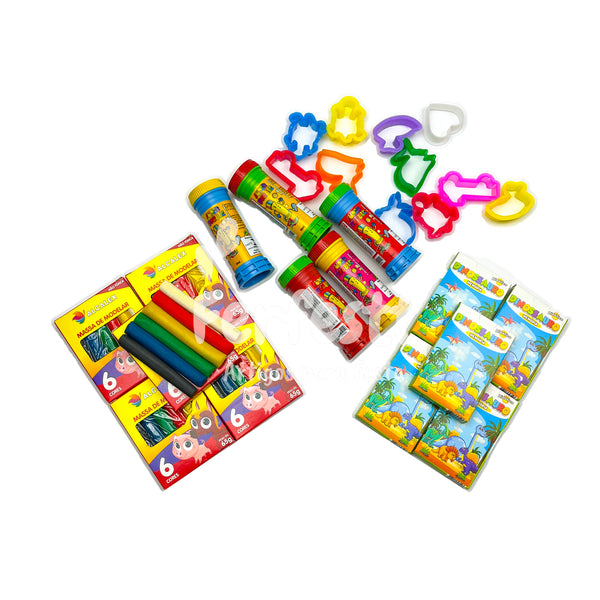 5 Cx Massinha de Modelar + 5 Bolha Sabão + 10 Corta Molde + 5 Jogo Memoria Kit Festa Infantil