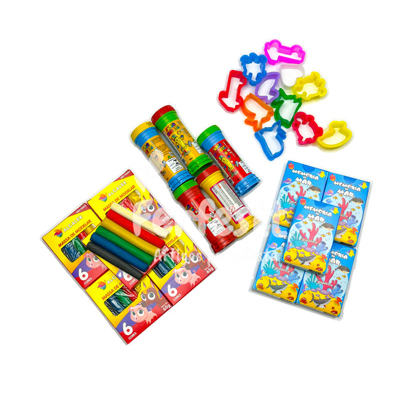 5 Cx Massinha de Modelar + 5 Bolha Sabão + 10 Corta Molde + 5 Jogo Memoria Kit Festa Infantil