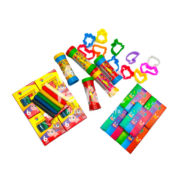 5 Cx Massinha de Modelar + 5 Bolha Sabão + 10 Corta Molde + 5 Jogo Memoria Kit Festa Infantil