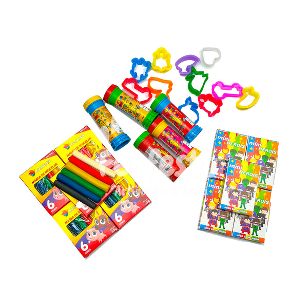 5 Cx Massinha de Modelar + 5 Bolha Sabão + 10 Corta Molde + 5 Jogo Memoria Kit Festa Infantil
