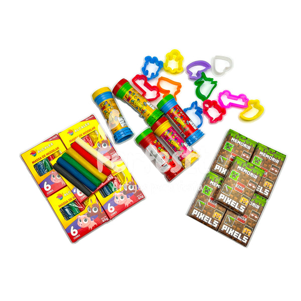 5 Cx Massinha de Modelar + 5 Bolha Sabão + 10 Corta Molde + 5 Jogo Memoria Kit Festa Infantil