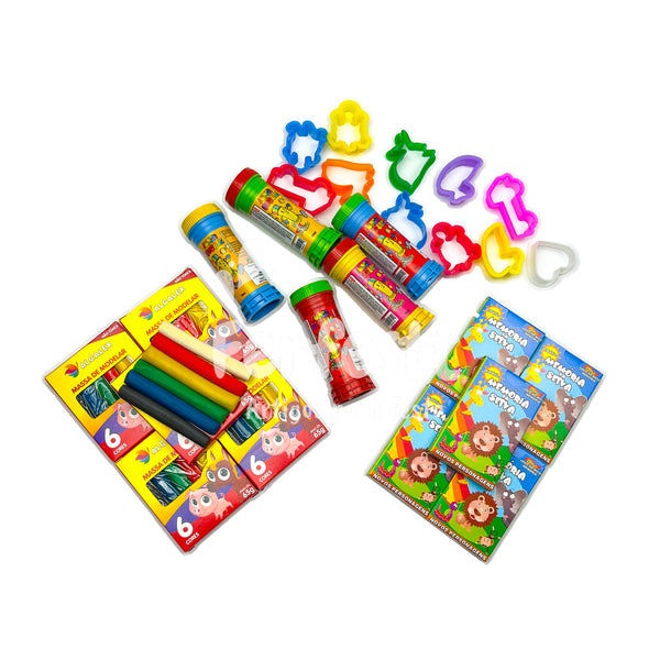 5 Cx Massinha de Modelar + 5 Bolha Sabão + 10 Corta Molde + 5 Jogo Memoria Kit Festa Infantil
