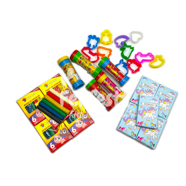 5 Cx Massinha de Modelar + 5 Bolha Sabão + 10 Corta Molde + 5 Jogo Memoria Kit Festa Infantil