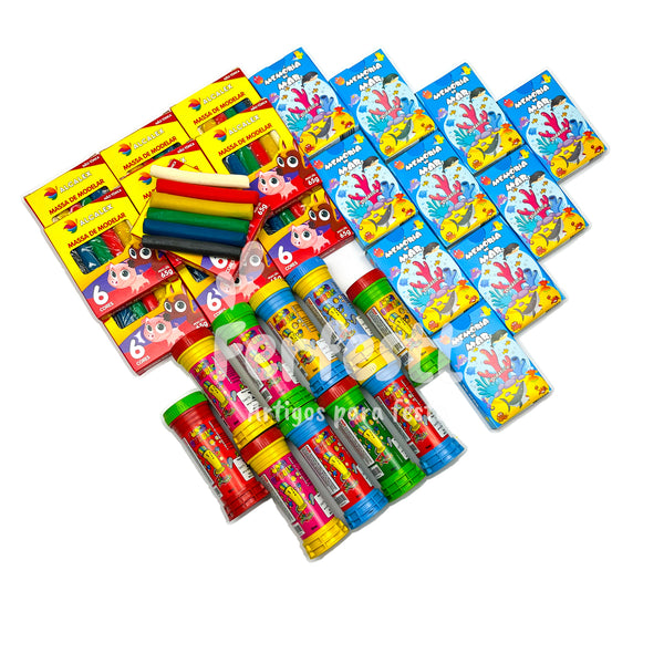 10 Massinha de Modelar + 10 Bolha Sabão + 10 Jogo Memoria Infantil Kit Festa Lembrancinha