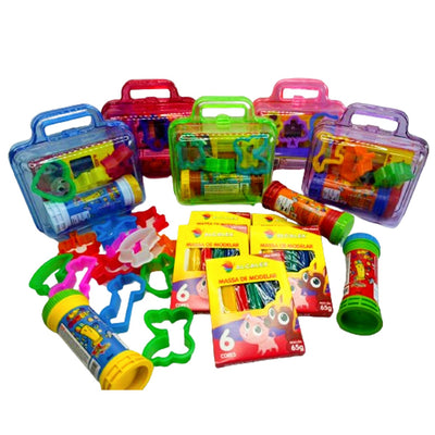 Kit 1 Massinha de Modelar + 1 Bolha de Sabão + 2 Cortador de Massinha + 1 Maletinha de Acrílico p Kit Festa Lembrancinha