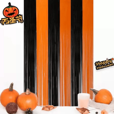 Cortina Metalizada Fita Quadradinho Slimmer Hall Franja Halloween Laranja Preto