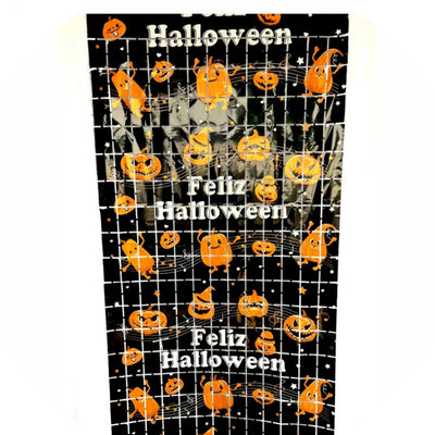 Cortina Metalizada Fita Quadradinho Slimmer Hall Franja Halloween Laranja Preto