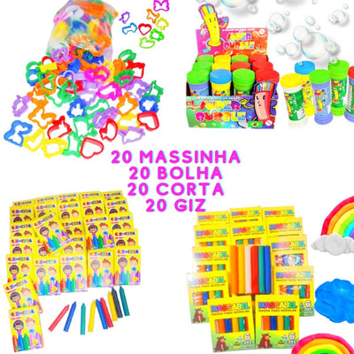 Kit 20 Cx Massinha de Modelar + 20 Bolha Sabão + 20 Cortador Molde + 20 Giz de Cera p/ Kit Festa Lembrancinha Infantil