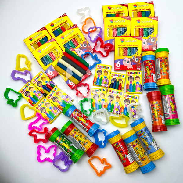 10 Massinha De Modelar + 10 Giz de Cera + 20 Cortador Molde Kit Festa Lembrancinha