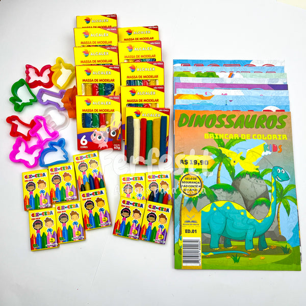 10 Massinha Modelar + 10 Giz de Cera + 10 Molde + 10 Colorir p/ Kit Festa Lembrancinha Infantil