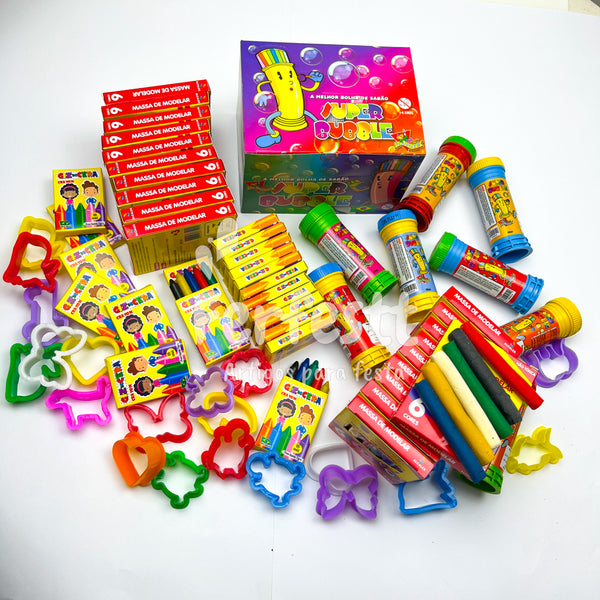 20 Massinha de Modelar + 20 Bolha Sabão + 20 Cortador Molde + 20 Giz de Cera p/ Kit Festa Lembrancinha Infantil