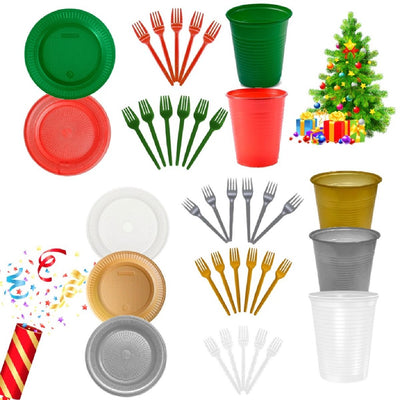 Kit 150 Itens Descartaveis 50 Pratinho + 50 Garfinho + 50 Copo Descartavel Ano Novo Natal Decoração